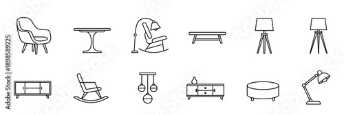 Set of minimalist furniture icons featuring chairs, tables, lamps, and cabinets for interior design concepts in a simple black outline style