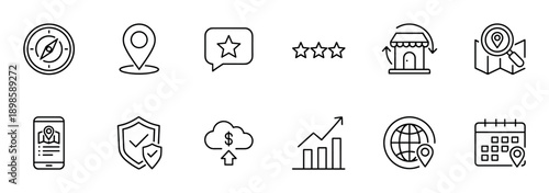 Set of black line icons for business and navigation concepts including a compass, map pin, rating stars, and storefront symbol for user interface design and web development