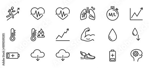 Set of black line icons for fitness and health tracking, featuring symbols for running, heart rate, temperature, energy, muscle strength, and performance metrics