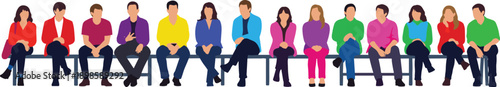 Colorful people sitting on bench vector illustration, diverse men and women group waiting together, flat design characters isolated background