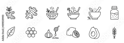 Black line art icon set featuring superfoods and folk medicine ingredients like ginger, garlic, lemon, honey, avocado, and herbs for wellness and healthy lifestyle concepts