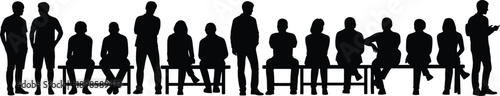 People sitting and standing silhouette vector illustration, group of men and women waiting on benches, human figures crowd scene isolated background