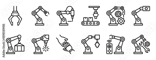 Collection of robotic arm icons showing industrial automation, manufacturing processes, and assembly line technology in a simple black and white line art vector illustration set