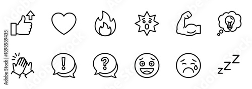 Collection of thin line art icons representing various emotions and concepts like love, strength, ideas, sadness, and sleep for user interface design and social media reactions