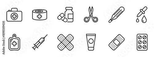 Collection of black line art icons representing medical supplies and first aid equipment, including a syringe, bandage, pills, thermometer, and scissors in a minimalist vector style