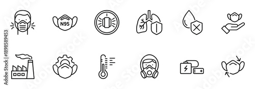 Set of black outline icons for air pollution and respiratory safety concepts, including face mask, lungs, factory, thermometer, and hazmat suit symbols in a minimalist style