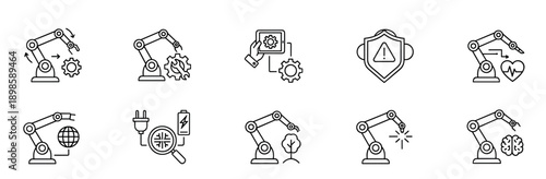 Set of robotic automation line icons illustrating concepts of industry 4.0, AI, manufacturing, engineering, and smart technology in a clean, minimalist vector graphic style
