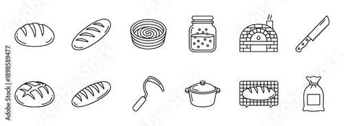 Set of black line art icons for baking homemade bread, including a sourdough starter, brick oven, banneton basket, flour sack, cooking pot, and various loaves of bread