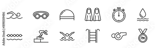 Collection of twelve swimming line icons for water sports competition, featuring a swimmer, goggles, cap, fins, stopwatch, medal, whistle, and other pool equipment