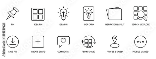 Social media user interface line icon set representing pinning, saving, sharing, and searching for inspiration and ideas in a clean, minimalist outline style for web and app design