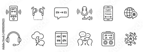 Set of minimalist line art icons for language translation and communication, showcasing a digital translator, headset, smartphone app, microphone, and global dialogue symbols