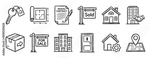 Set of hand-drawn real estate icons featuring a house, keys, contract, and for sale sign in a black and white sketch style for property and housing concepts