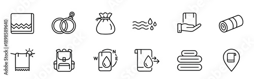 Collection of twelve black line icons for travel, spa, and wellness themes, including a backpack, compass, towel, and zen stones, presented in a clean, minimalist vector style