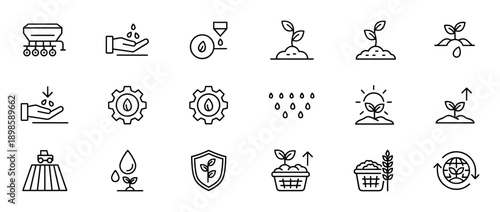 Set of thin line agriculture icons representing farming, sowing seeds, plant growth, and harvesting in a minimalist vector style with symbols for tractors, seedlings, and ecology