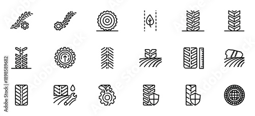 Set of black line icons depicting tire treads, agricultural symbols, and mechanical gears for automotive and farming concepts in a minimalist, editable pictogram style
