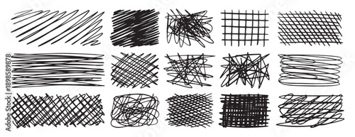 Hatch scribble element, hatching textured cross lines doodles. Pencil elements, sketch line texture, hand drawn scrawl rectangle collection