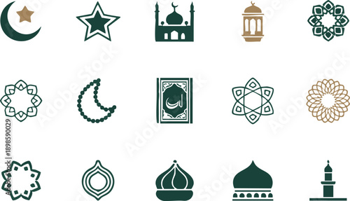 Islamic symbols and mosque icons in various shades of green and gold