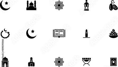 Black and white icons representing various islamic symbols and architecture