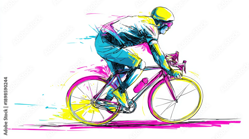 Fototapeta premium Cyclist bicycle racing sport speed road helmet illustration with vibrant watercolor splatter, dynamic motion blur, athletic training concept on white background, energy