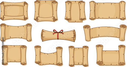 Old parchment scroll frame set with vintage paper banners and ancient manuscript borders for medieval design illustration