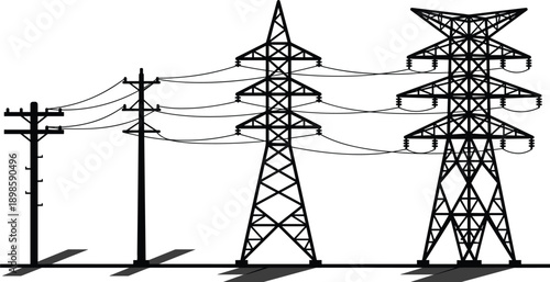 Electric power transmission towers silhouette illustration, high voltage pylons and utility poles with overhead lines, industrial energy infrastructure vector isolated on white background