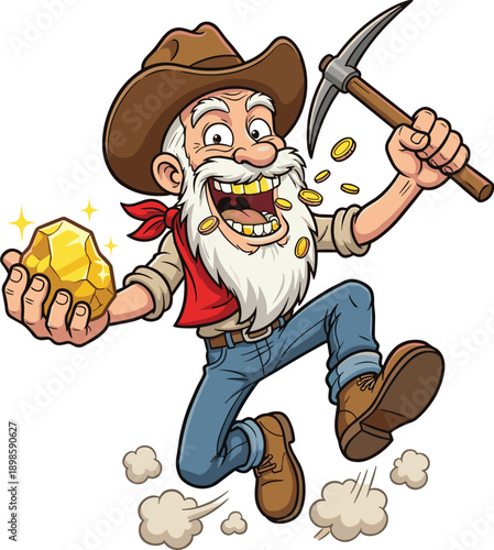 Happy gold miner cartoon illustration, bearded prospector holding pickaxe and golden nugget, funny mining character vector isolated on white background