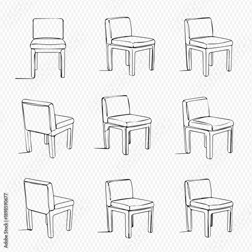 Set of hand-drawn chairs in various angles and perspectives, illustrating furniture design elements.