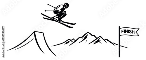 Line art winter sports icon set featuring a skier in action, mountains, a jump, and a finish flag for sport event branding or recreation design