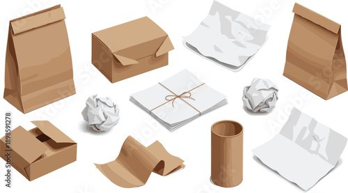 Paper packaging and waste collection illustration set with cardboard boxes, paper bags, crumpled sheets and recycle elements