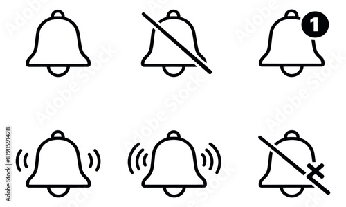 Line art notification bell icons set featuring various alert and silent states for web design and mobile applications
