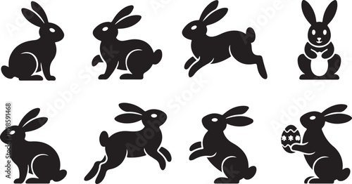 A delightful assortment of black rabbit silhouettes showcasing different movements and one holding an Easter celebration egg