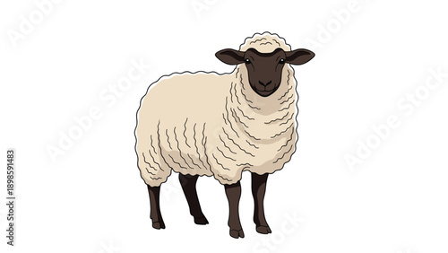 Woolly sheep stands against a clean white background, showcasing its thick fleece and dark features in a detailed cartoon illustration style.