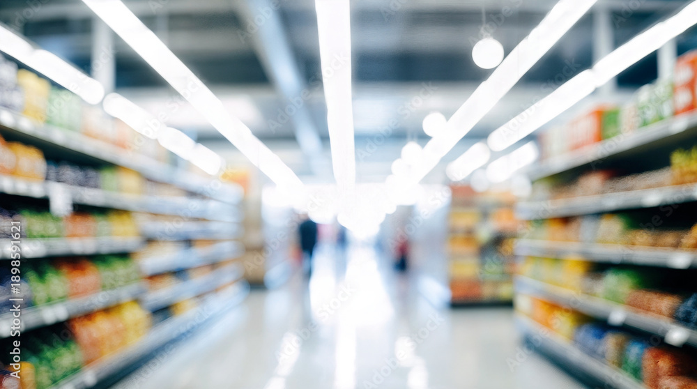 Obraz premium blurred supermarket aisle interior and wide angle perspective and symmetrical composition