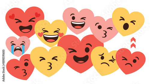 Vibrant assortment of heart shaped emojis featuring various facial expressions like laughing, kissing, winking, and crying on a white background.