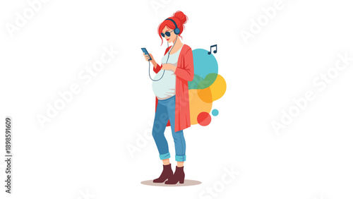 Pregnant woman wearing headphones and sunglasses listens to music on her smartphone while standing against a colorful abstract background.