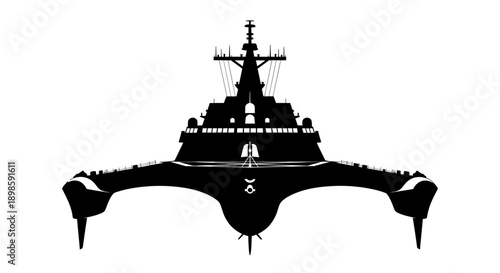 Modern naval destroyer ship in sleek silhouette against white background