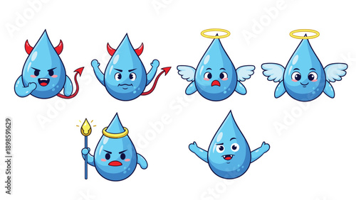 Set of cute blue water drop characters personified as little angels with halos and wings and little devils with horns and pitchforks.