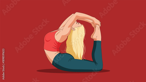 Athletic woman with long blonde hair performs a challenging yoga pose against a solid red background, demonstrating flexibility and strength.
