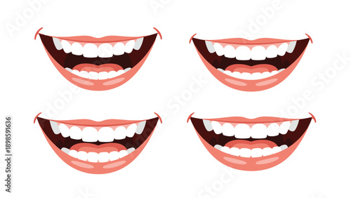 Collection of four human mouths showing wide smiles with perfectly straight white teeth, suitable for dental health and happiness concepts.