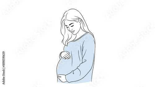 Minimalist line art drawing of a pregnant woman wearing a light blue sweater, gently holding her belly in a calm and peaceful pose.