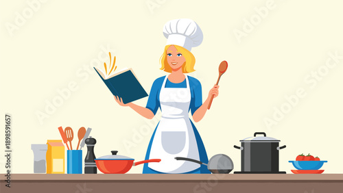 Talented female chef wearing a white toque and apron reads a recipe book while preparing food in a well-equipped modern kitchen setting.