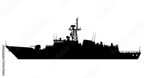 Modern naval vessel silhouette with advanced communication towers