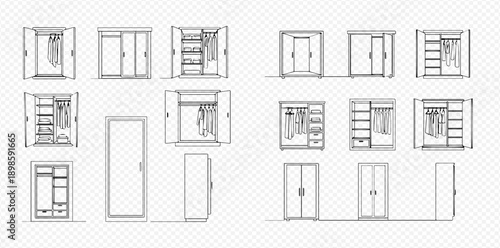 Wardrobe sketch set. Hand-drawn furniture for clothes storage. Closet with open and closed doors, shelves, and hangers. Vector illustration.