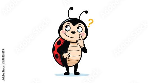Puzzled ladybug character with a red spotted shell looks up with a finger on its chin and a golden question mark floating above its head.