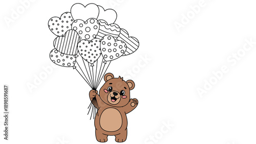 Sweet brown teddy bear floats happily while holding a large bunch of heart shaped balloons decorated with various patterns and dots.
