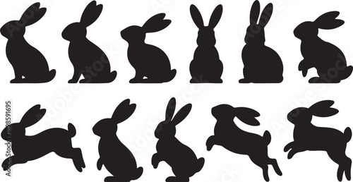 A large collection of ten black silhouette rabbits is shown in various dynamic poses on a white background