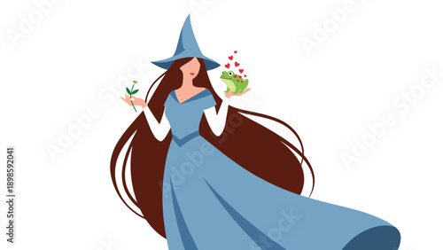 Elegant witch with long brown hair wearing a blue gown and pointed hat holding a green frog that is surrounded by red hearts.