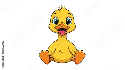 Cheerful baby duckling sitting and smiling with its wings out featuring bright yellow feathers and orange beak and feet.