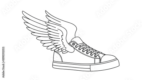 Line art illustration of a classic canvas sneaker featuring large feathered wings attached to the side for speed and agility.