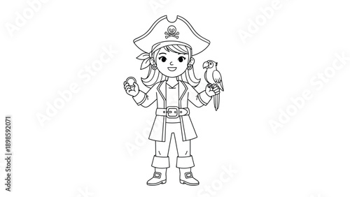 Young girl pirate line art illustration wearing a captain hat and holding a parrot on her arm while carrying a gold coin.